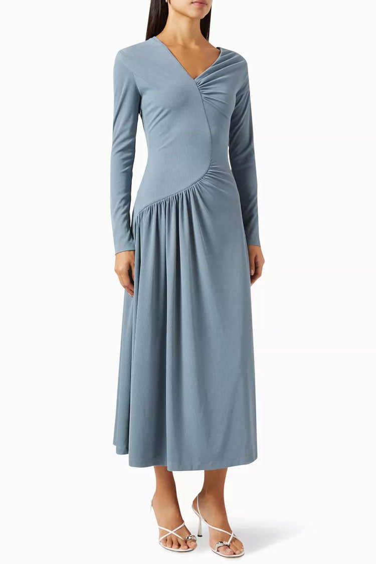 Asymmetrical Long Sleeve Ruched Detail Gradient Ribbed Jersey Midi Dress - Dusty Blue - Fashionpara