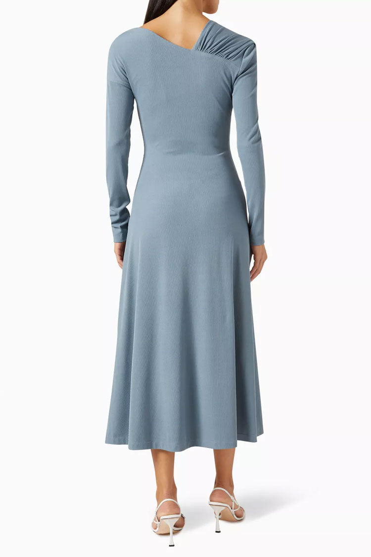 Asymmetrical Long Sleeve Ruched Detail Gradient Ribbed Jersey Midi Dress - Dusty Blue - Fashionpara