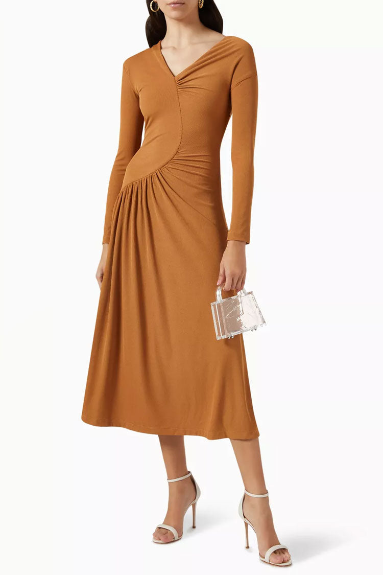 Asymmetrical Long Sleeve Ruched Detail Gradient Ribbed Jersey Midi Dress - Khaki - Fashionpara