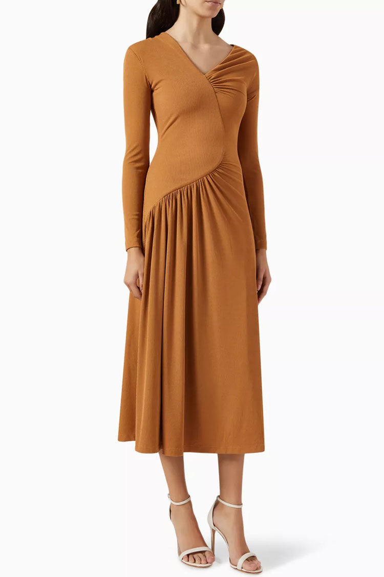 Asymmetrical Long Sleeve Ruched Detail Gradient Ribbed Jersey Midi Dress - Khaki - Fashionpara