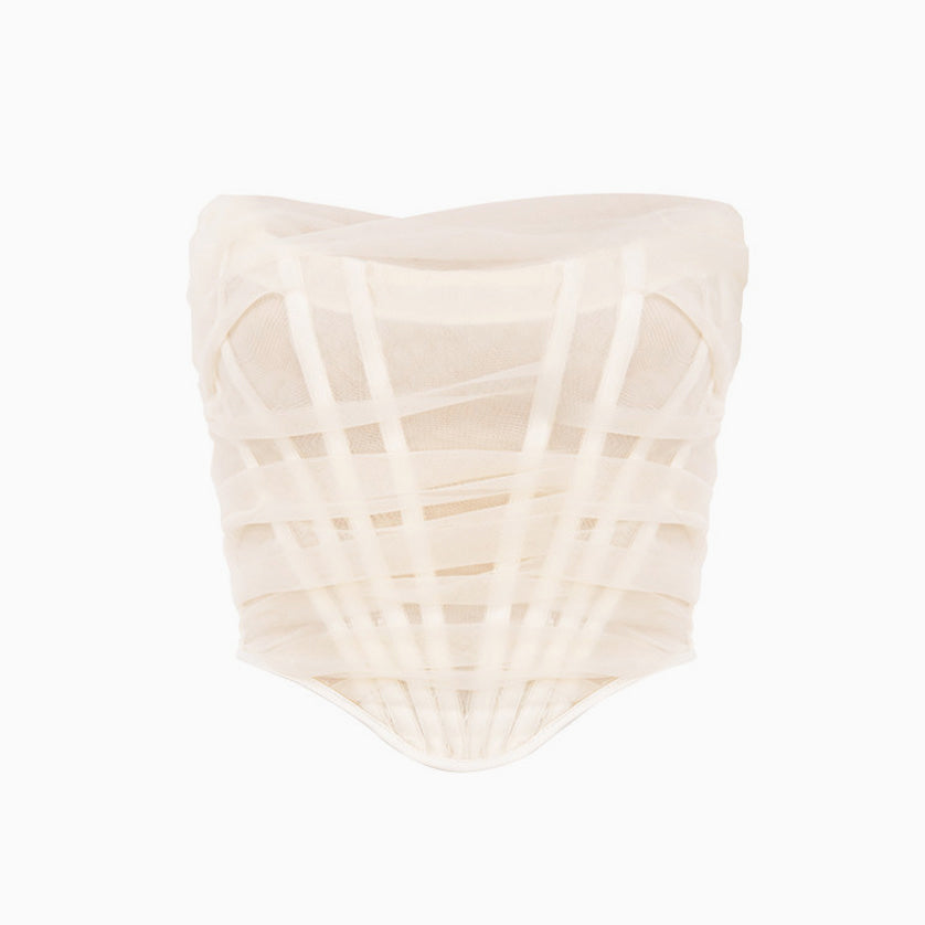 Sheer Style Asymmetrical Ruched Strapless Mesh Corset Top - Ivory