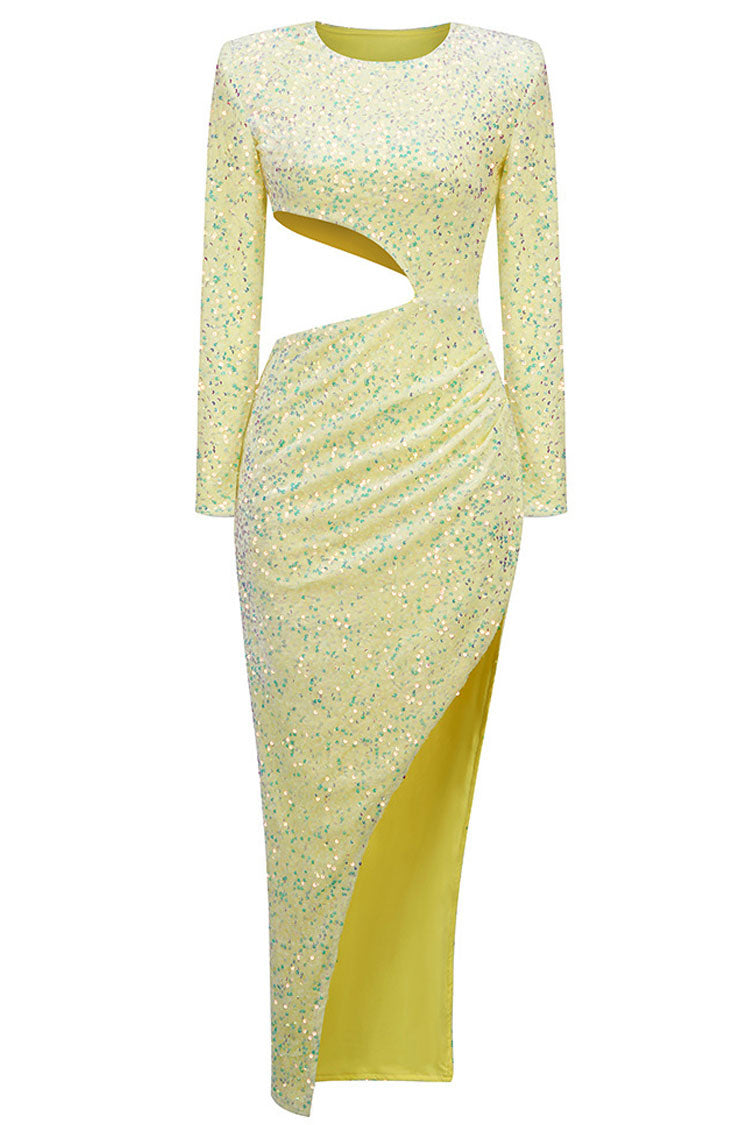 Asymmetrical Split Side Cutout Long Sleeve Velvet Sequin Dress - Yellow - Fashionpara