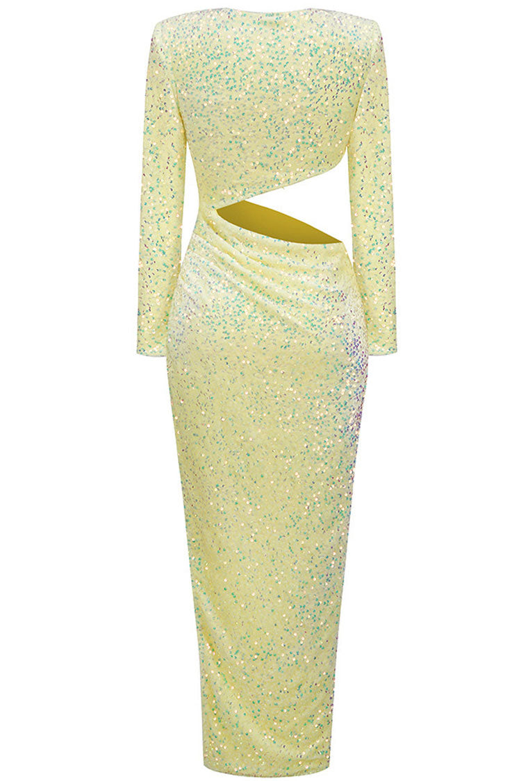 Asymmetrical Split Side Cutout Long Sleeve Velvet Sequin Dress - Yellow - Fashionpara