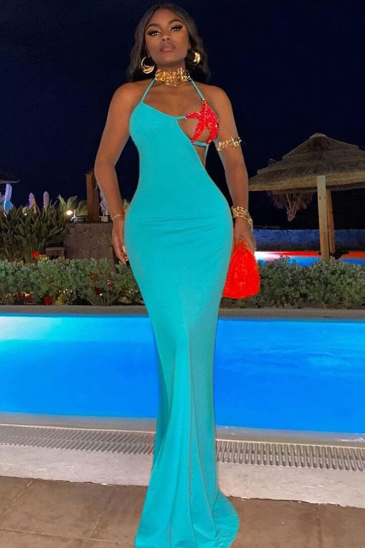 Asymmetrical Starfish Bra Cutout Scrunch Backless Split Evening Maxi Dress - Teal - Fashionpara