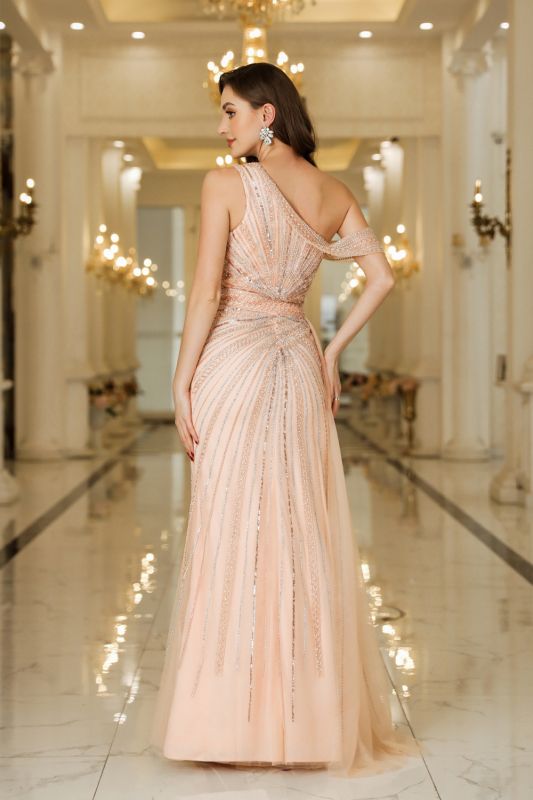 Asymmetric Tulle Beaded Prom Gown with Side Slit and Sleeveless Design for Special Occasions - Fashionpara