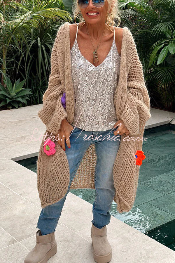 A Different Story Knit Hollow Out Multi Color 3D Flowers Oversized Midi Cardigan