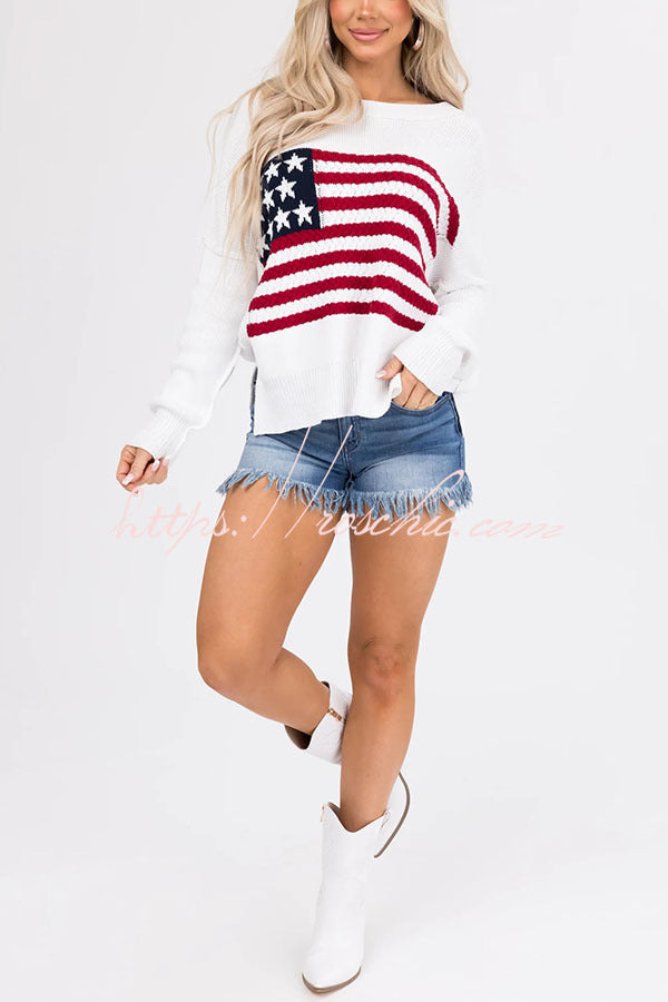 Independence Day Patchwork Long Sleeved Crew Neck Knitted Sweater