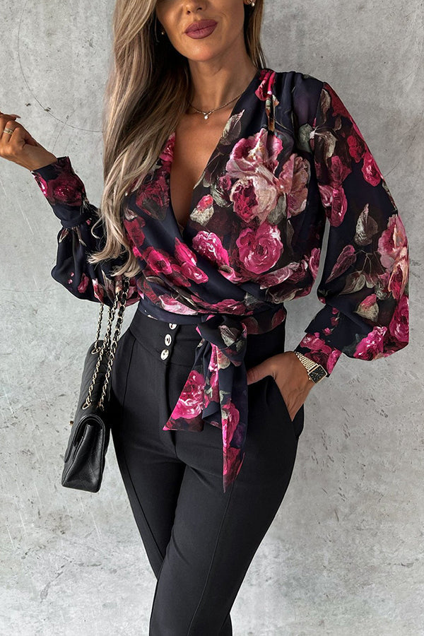 Unique Printed V Neck Strappy Pleated Shirt