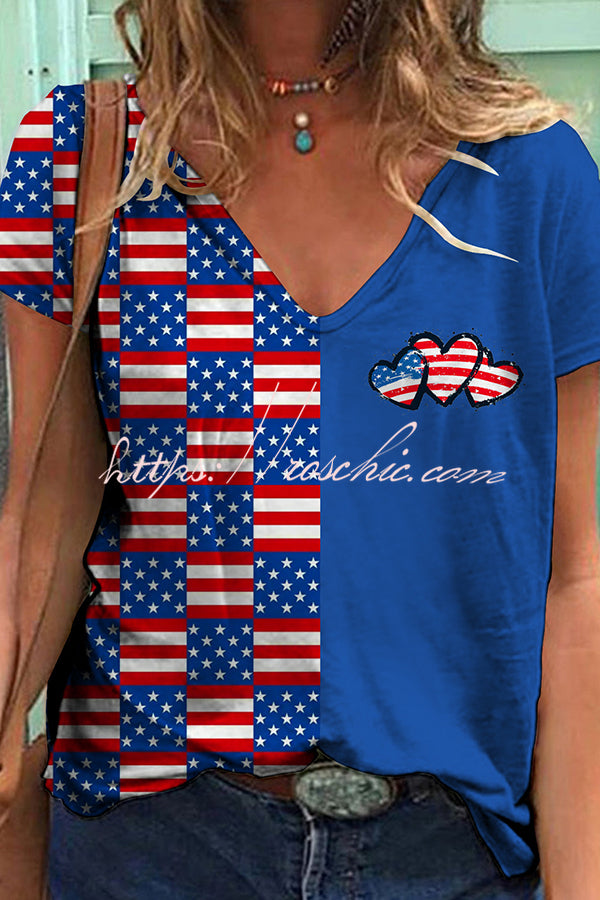 Independence Day Printed V Neck Short Sleeve T-Shirt