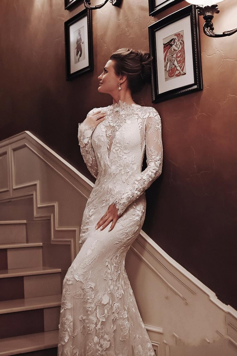 Unique Long Sleeve High Neck Backless Mermaid Bridal Gown with Lace Appliques