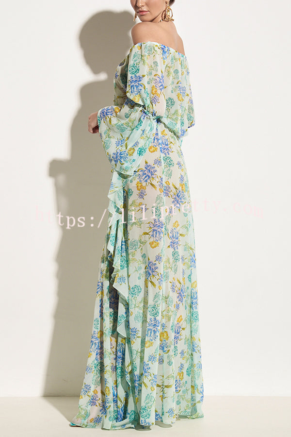 Joyful Journeys Off Shoulder Floral Print Elastic Waist Ruffle Maxi Dress - Fashionpara