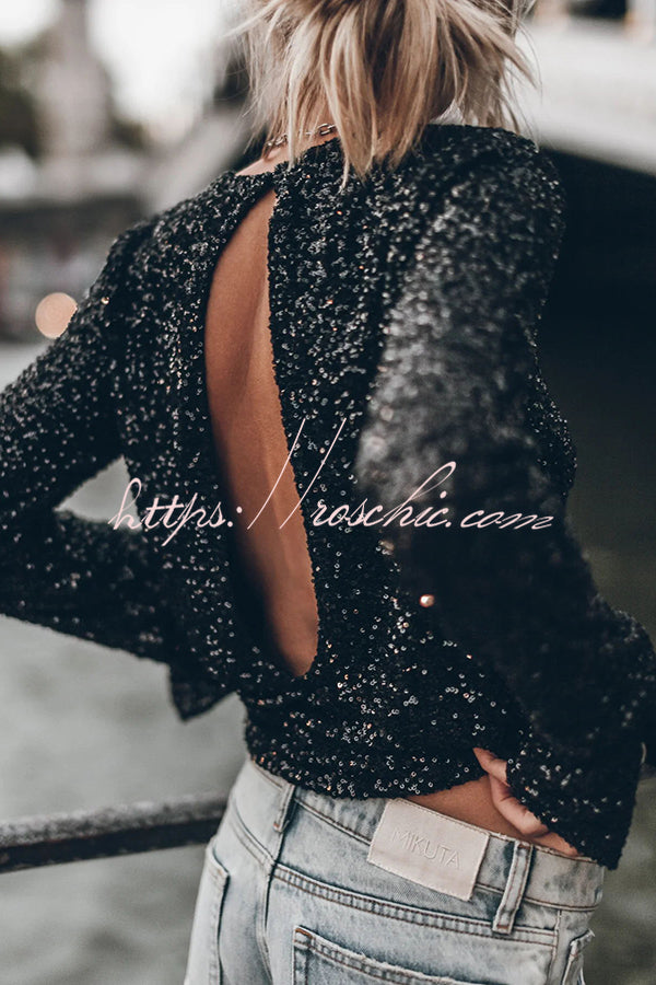 Exclusive Party Sequin Extra Long Slit Sleeves Open Back Top