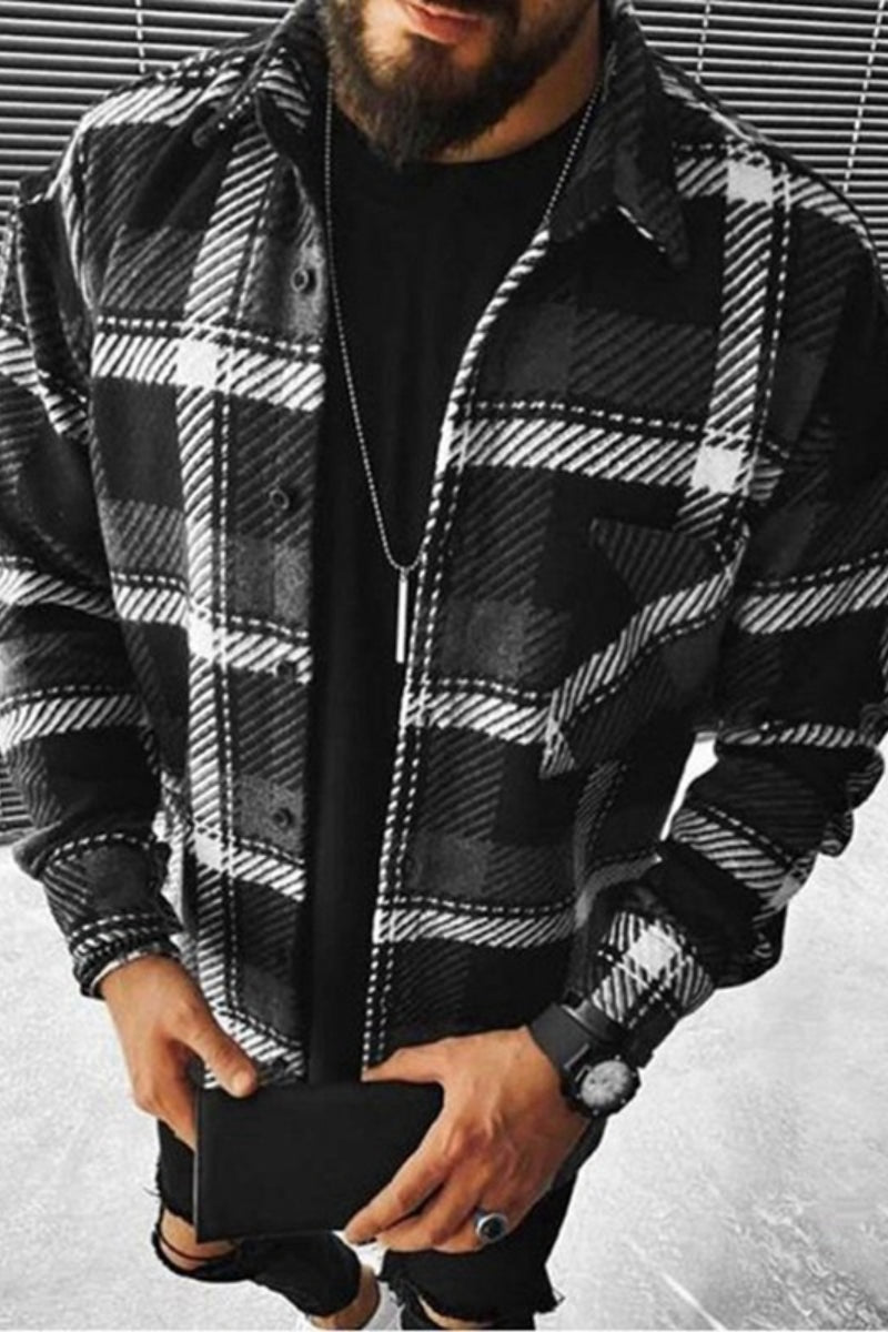 Men's Colour Block Plaid Long Sleeve Lapel Cardigan Check Print Shirt