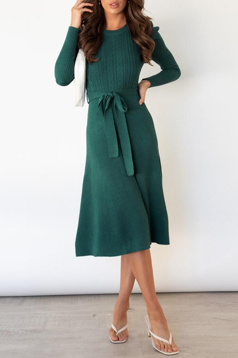 Puff Long Sleeve Belted Knit Sweater Dress