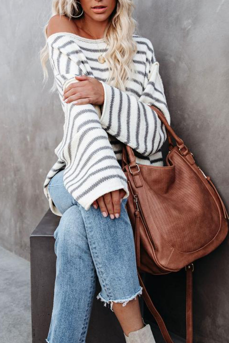 O Neck Striped Loose White Sweater