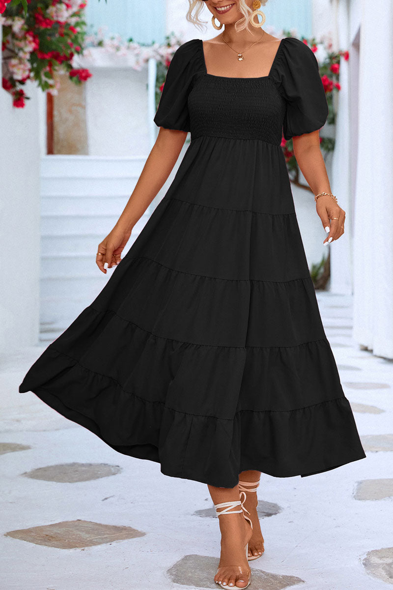 Smocked Off Shoulder Bubble Sleeve Slit Dress