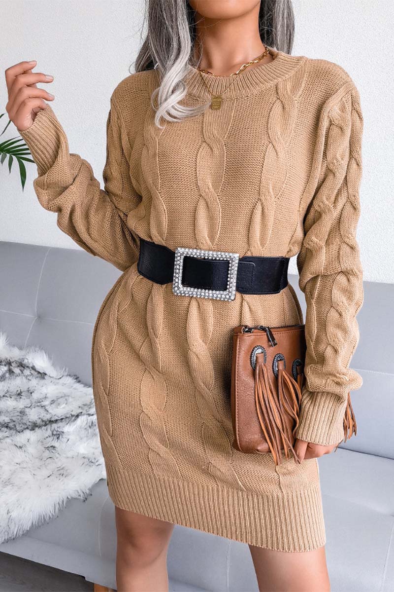 Solid Cable-knit Round Neck Sweater Dress