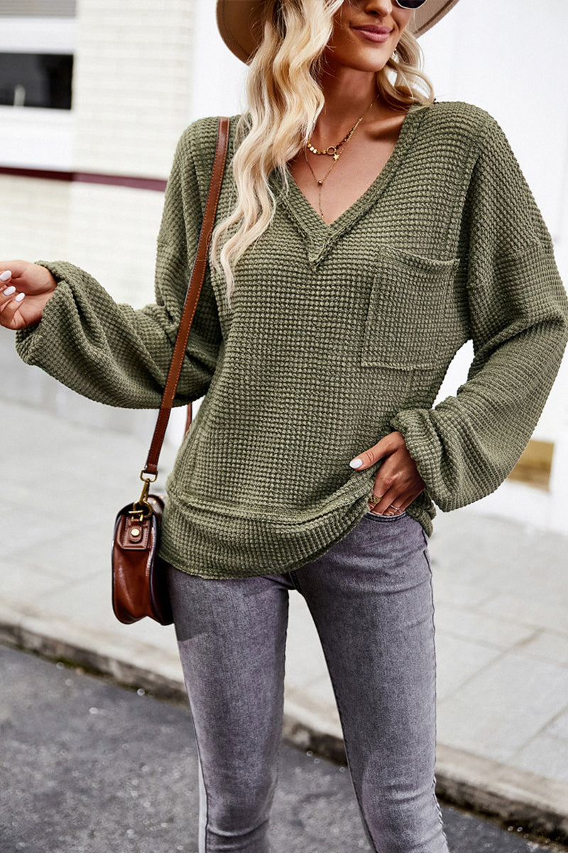 V-neck Solid Color Knitted Long Sleeve Top