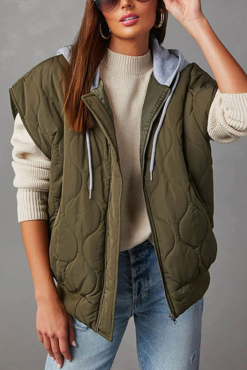 Zipper Pocket Hooded Quilted Cotton Vest