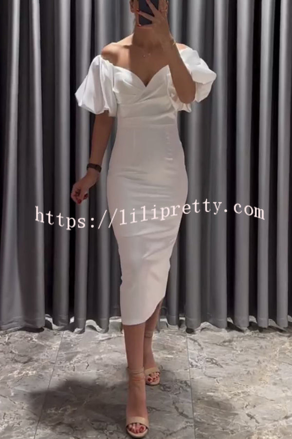 Talk Sweetly Satin Puff Sleeve Ruched Bust Formal Midi Dress - Fashionpara