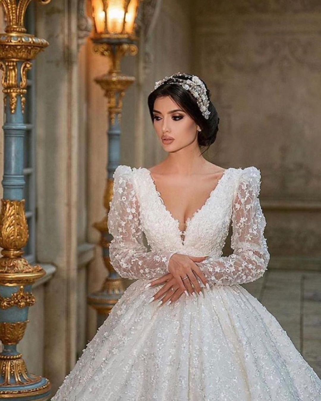 A-Line Deep V-Neck Long Sleeve Train Bridal Gown with Lace Appliques