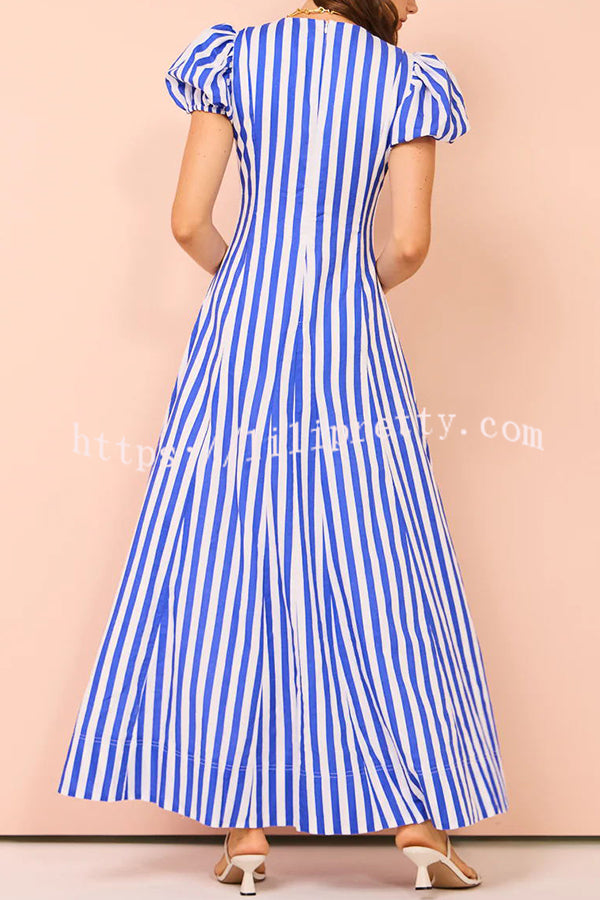 Indulge in Timeless Striped Print Puff Sleeve Pocketed Wavy Maxi Dress - Fashionpara