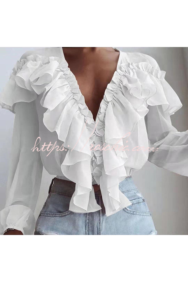 Spliced ruffled V Neck Pleated Long Sleeved Top