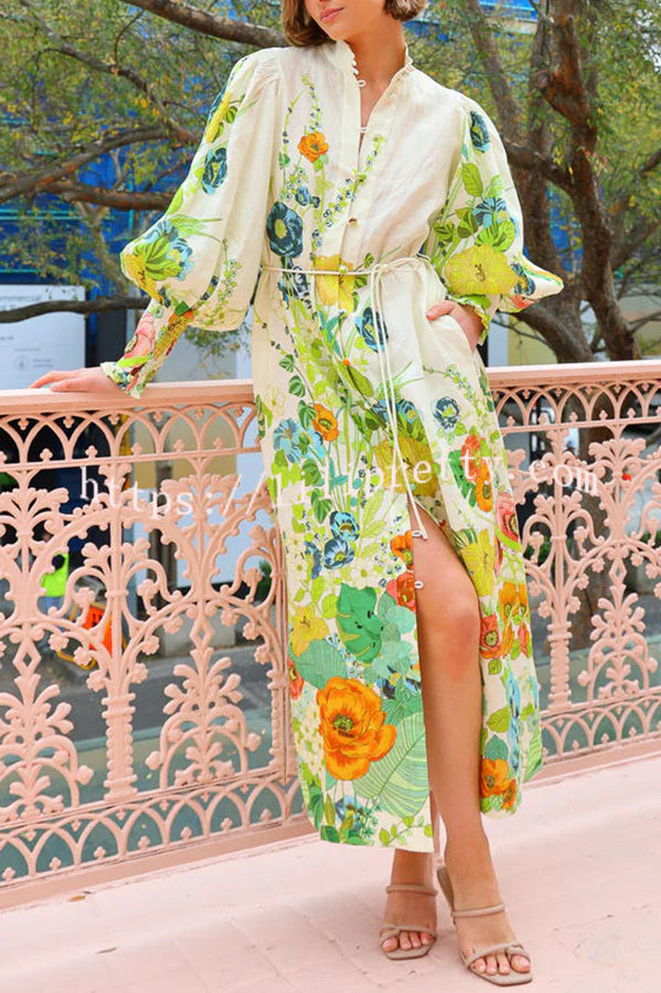 Summer Party Floral Print Balloon Sleeve Pocketed Belt Shirt Midi Dress - Fashionpara