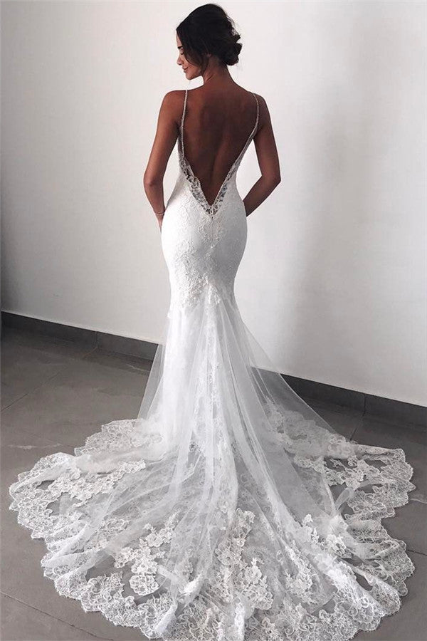 Backless Wedding Dresses Lace Mermaid Modern Spaghetti Straps Bride Dress