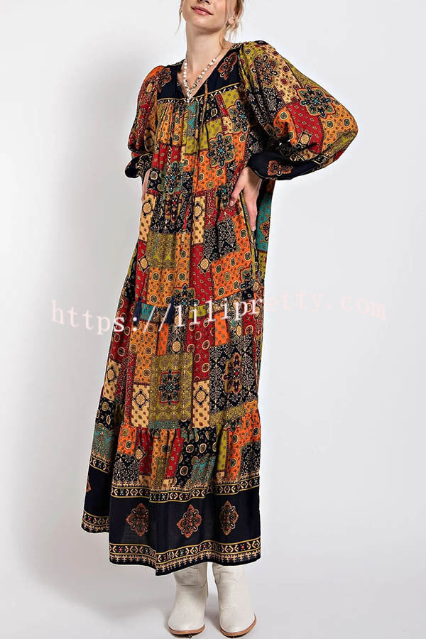 Rosalind Bohemia Ethnic Patchwork Print Long Sleeve A-line Maxi Dress - Fashionpara