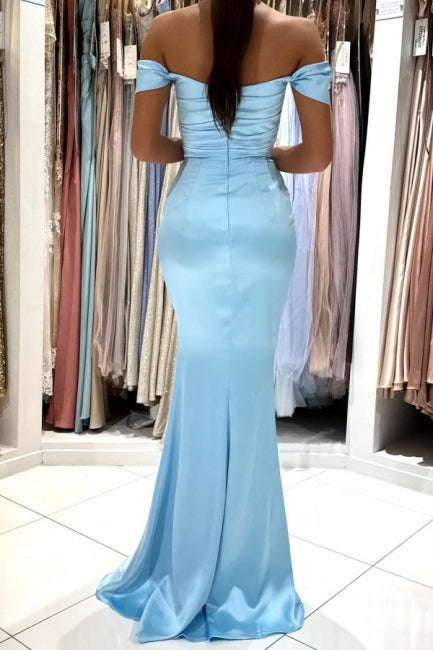 Ballbella Chic Long Sky Blue Sleeveless Prom Dress With Slit Off-the-shoulder Mermaid