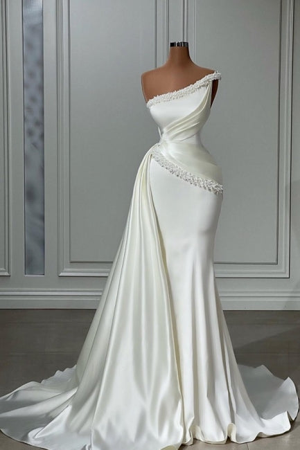 Ballbella Chic Sleeveless Wedding Gowns With Beads Long White One Shoulder