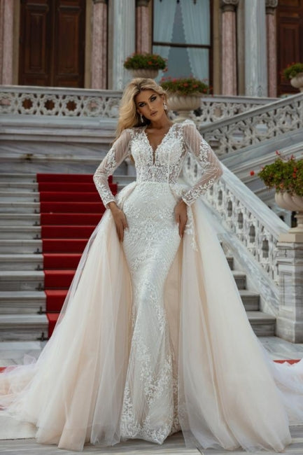 Ballbella Modern Lace Long Sleeves Mermaid Wedding Gowns With Detachable Train V-neck