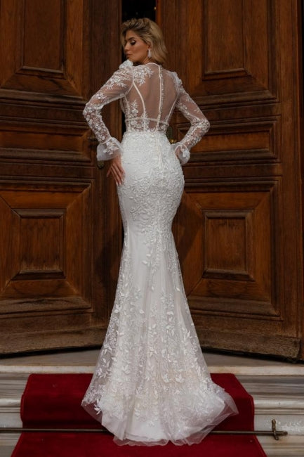 Ballbella Sparkly V-neck Lace Wedding Gowns With Long Sleeves Long Mermaid