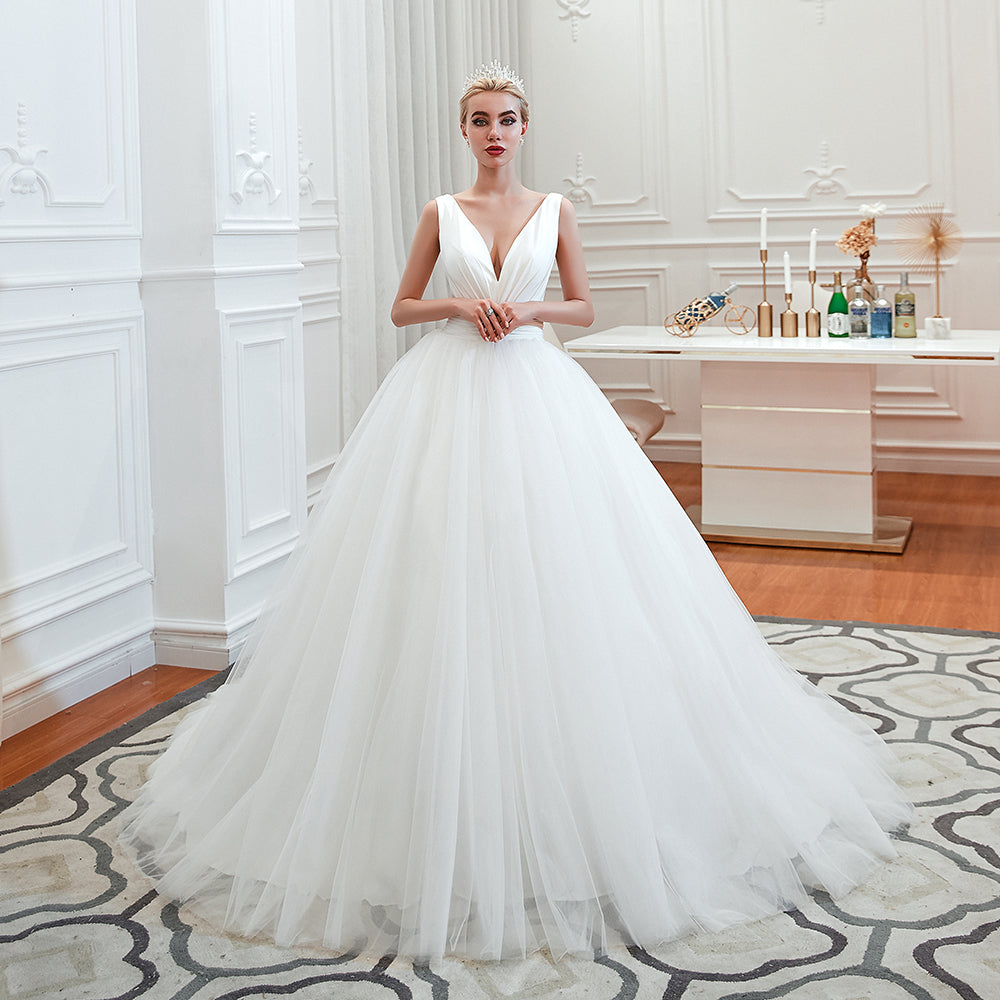 Wide Strap Deep V-Neck Floor-Length A-Line Bridal Gown with Tulle