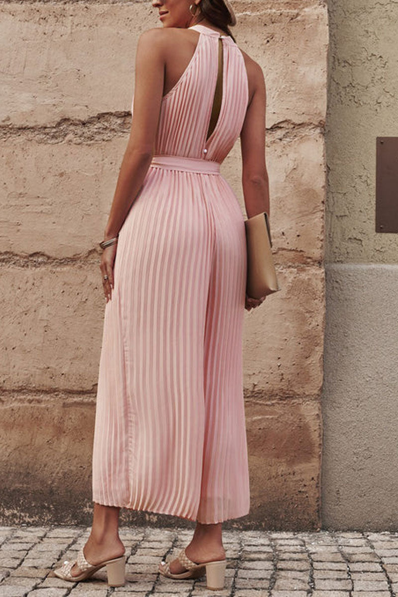 Accordion-pleated Belted Grecian Neck Sleeveless Jumpsuit