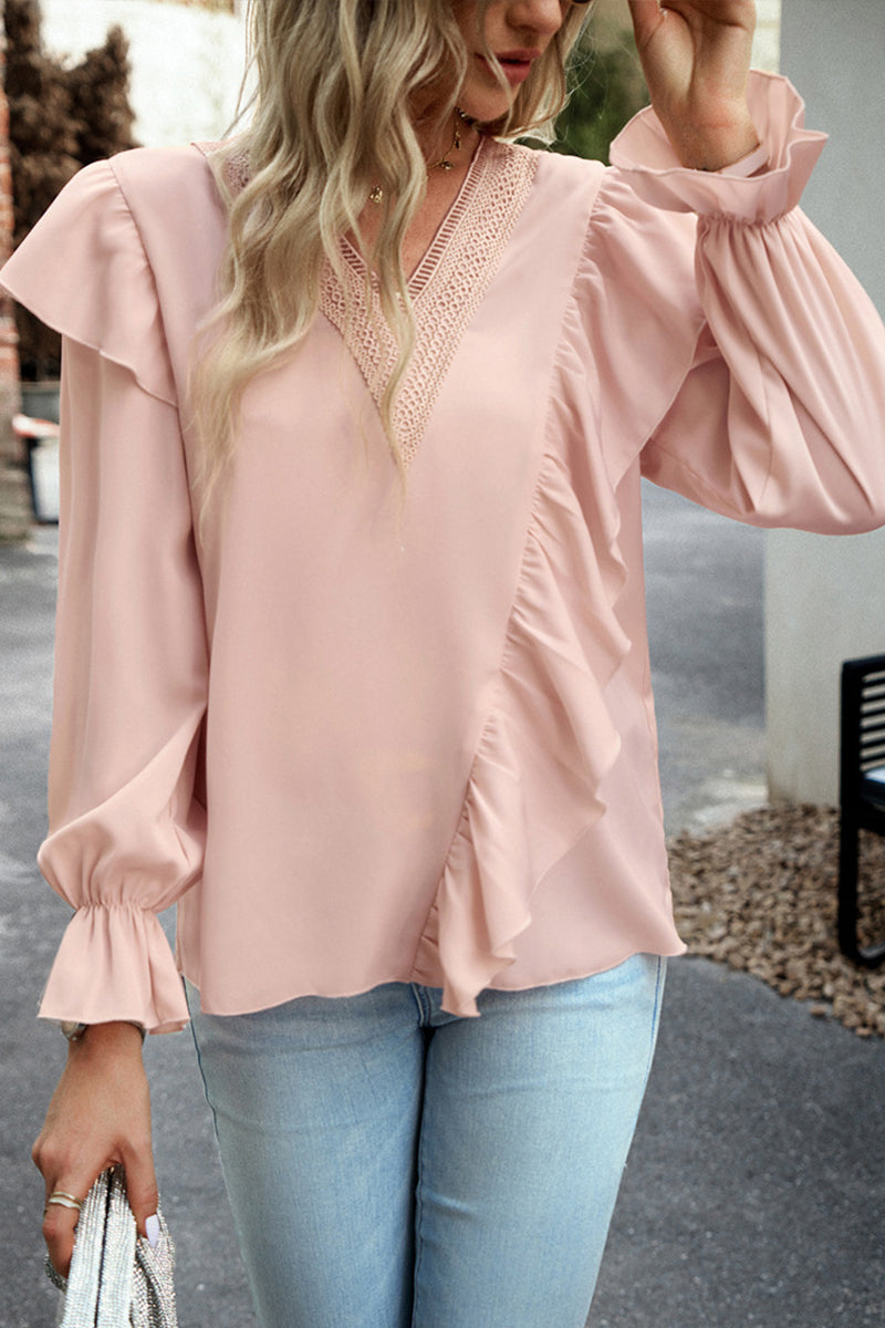 V-neck Lace Ruffle Sleeve Top