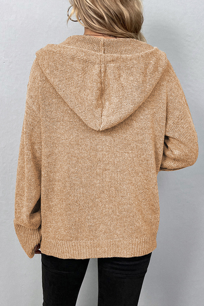 Hooded Single-breasted Drawstring Knit Cardigan Sweater