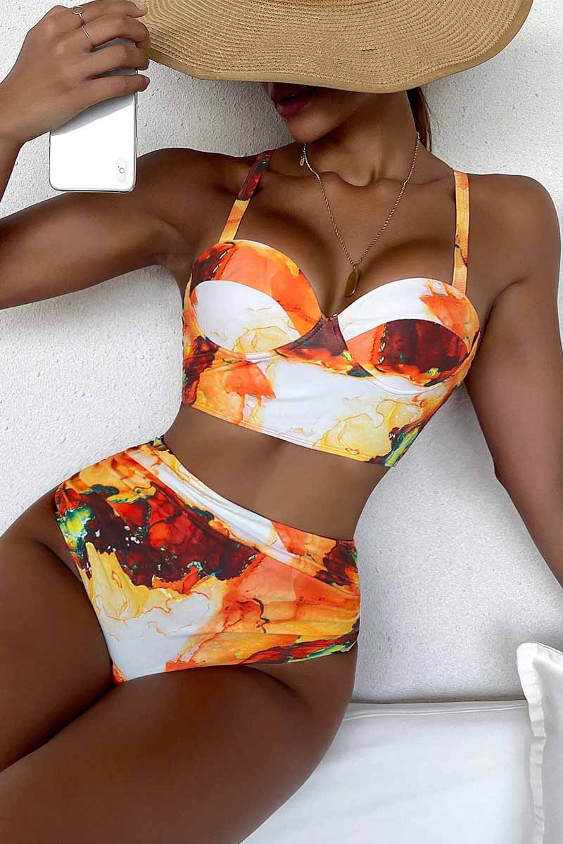 Marble Print Ruched Push Up Two Piece Swimsuit