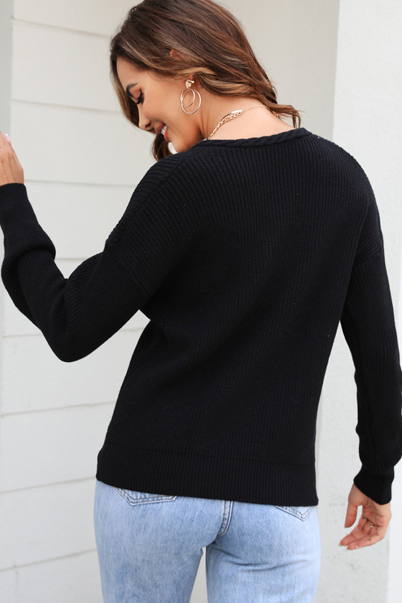 Solid Color V Neck Twist Knit Pullover Sweater