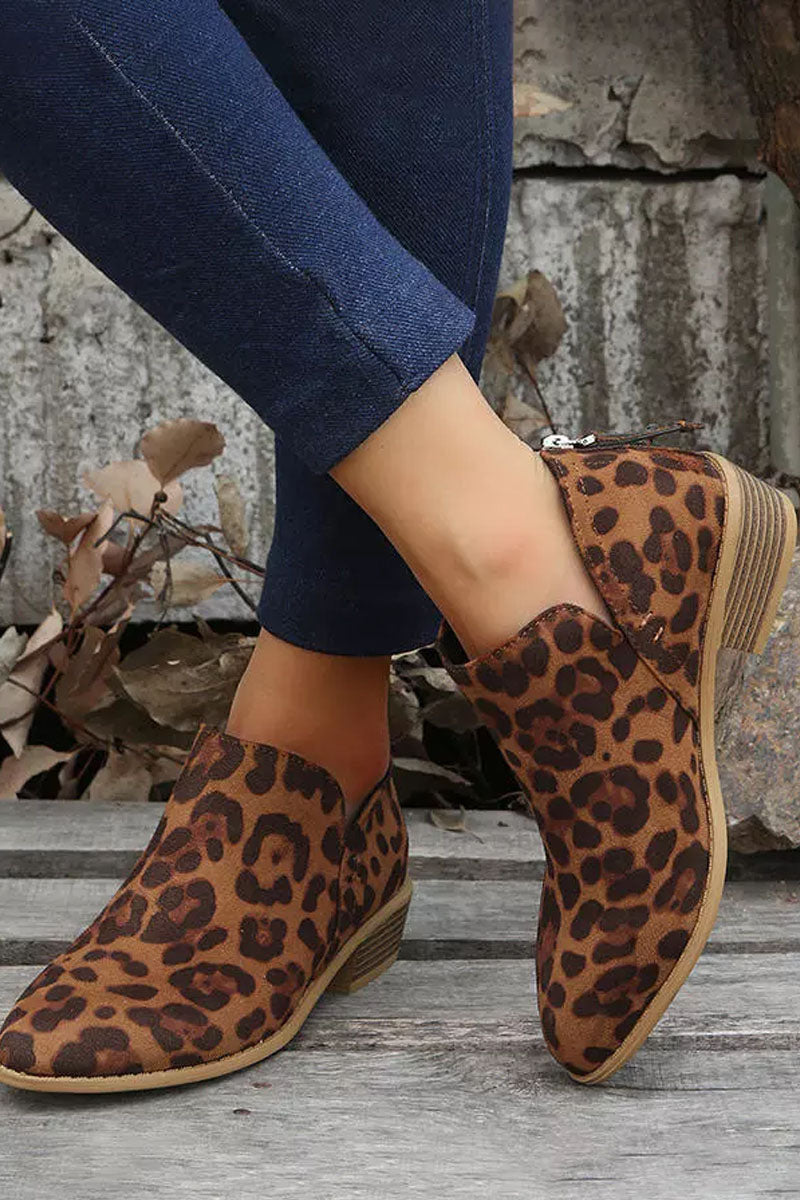 Leopard Zipper Western Chunky Ankle Boots