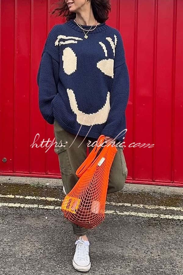 Feel Good Knit Colorful Smiley Face Loose Pullover Sweater