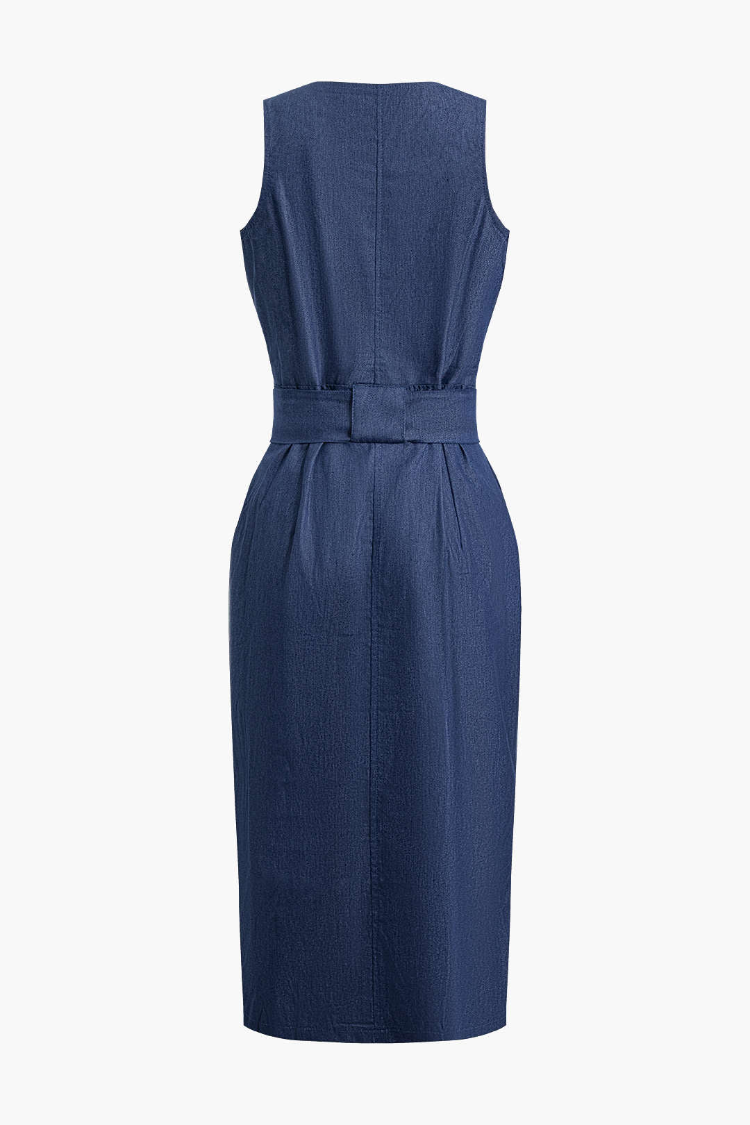 Zipper Belted Slit Sleeveless Denim Midi Dress - Fashionpara