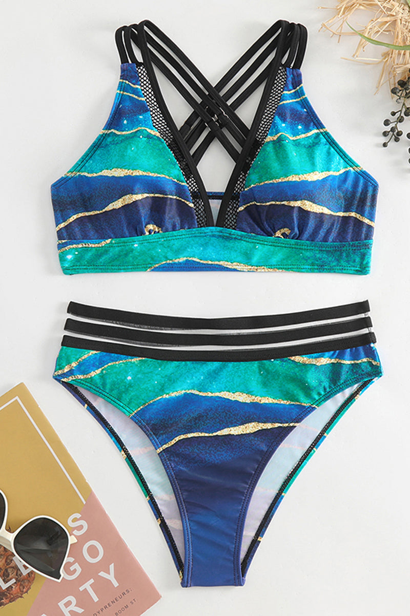 Wave Print Mesh Stitching Two Piece Swimwear