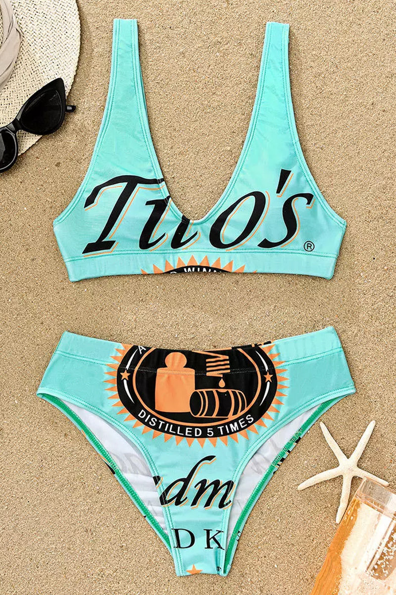 Drinks Letter Graphic Print Two Pieces Swimwear