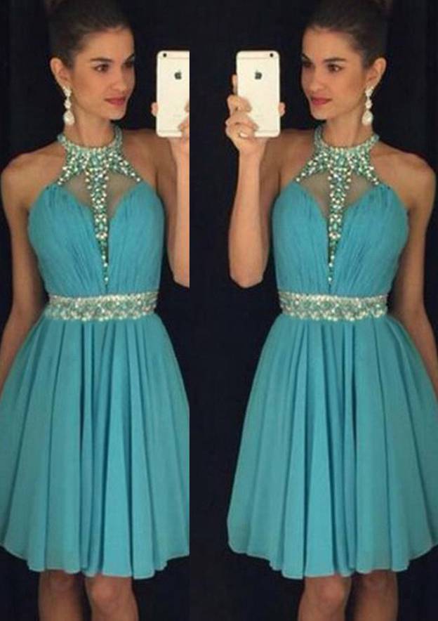 Beaded Elegant A-line/Princess Halter Short Chiffon Cocktail Dress