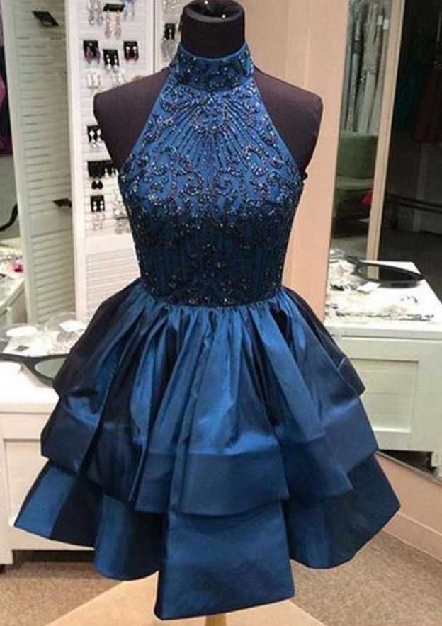 Beaded High-Neck Taffeta Cocktail Dress Ball Gown Short