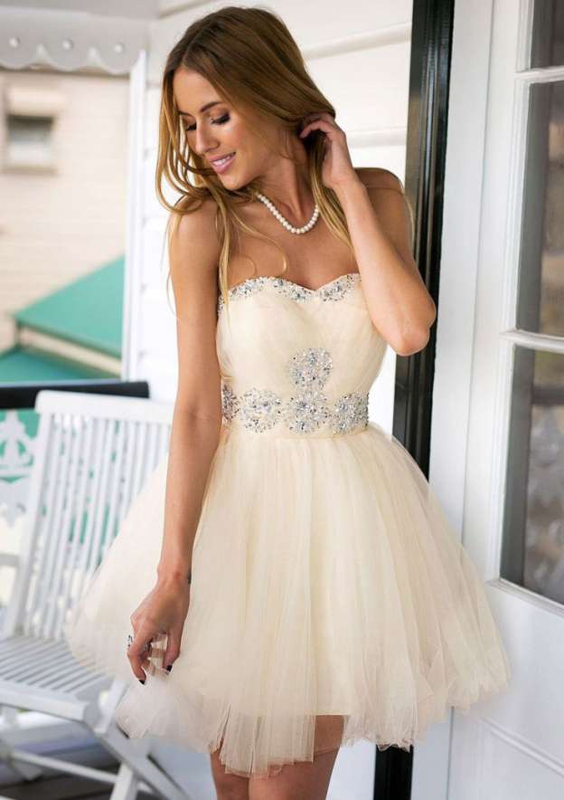 Beaded Tulle Strapless Short Cocktail Dress Ball Gown