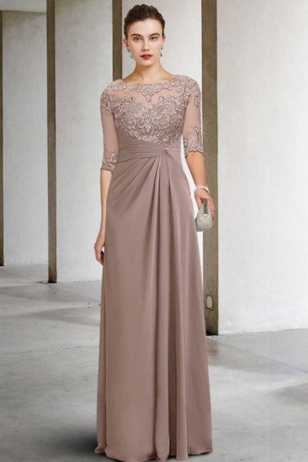 Beautiful Long Green A-line Lacy Chiffon Dress with Elegant Sleeves for Mother of the Bride - Fashionpara