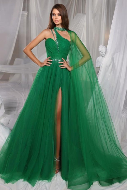 Beautiful Long Green A-line Sleeveless Tulle Prom Gown Sparkling with Glitter - Fashionpara